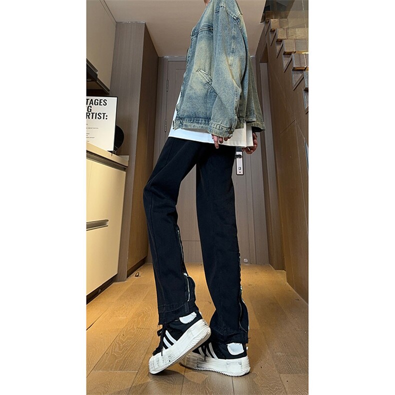 现货黑色拉链毛边美式修身直筒高街牛仔裤男K5813-P50控78,男装牛仔裤,星座205