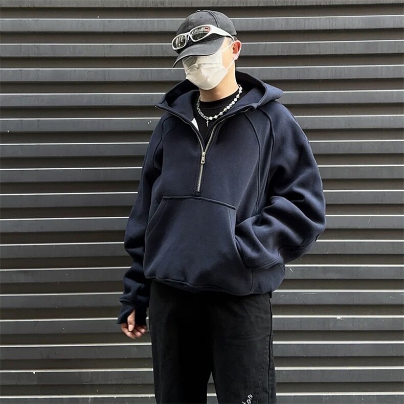 抖音得物二开美式重磅宽松结构拉链设计防风高领连帽卫衣外套W76,男装卫衣,电商A486-1