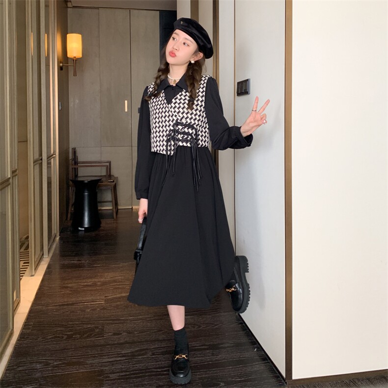 新中式国风千鸟格马甲套装女2025春秋新款收腰显瘦衬衫长裙两件套,女装连衣裙,菡迪欧娜