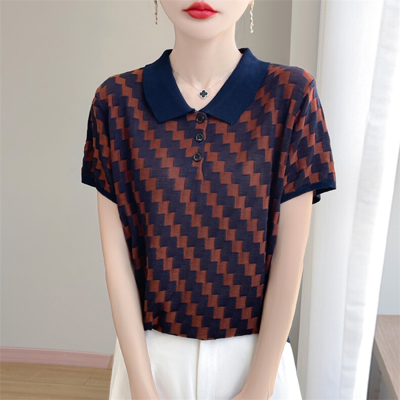 夏季新款莱赛尔天丝polo领格纹短袖女宽松百搭显瘦时尚休闲上衣,针织衫/毛衣,暖娇绒