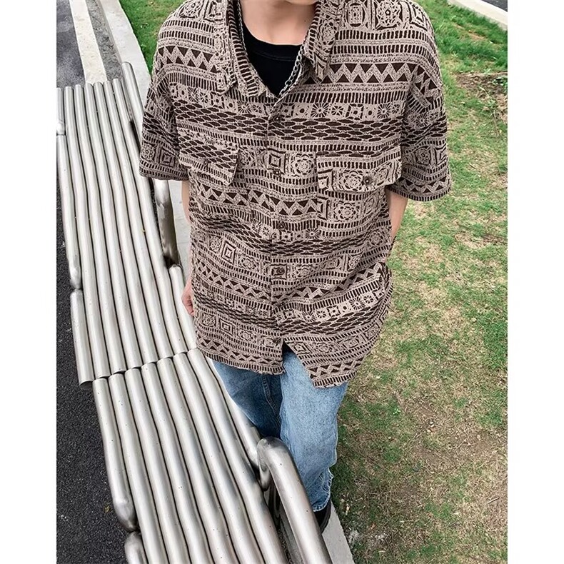 夏威夷提花古巴领短袖衬衫男女户外夏季度假痞帅花衬衣 CJ13图片