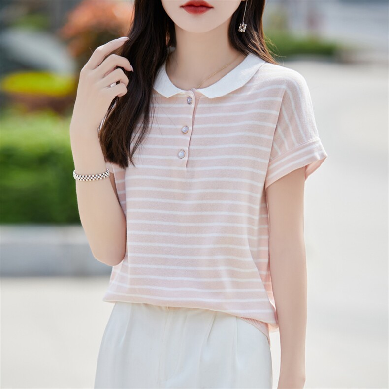夏装Polo领条纹纯棉针织短袖T恤女洋气减龄显瘦百搭半袖打底上衣，女装针织衫/毛衣，彩羽羊绒