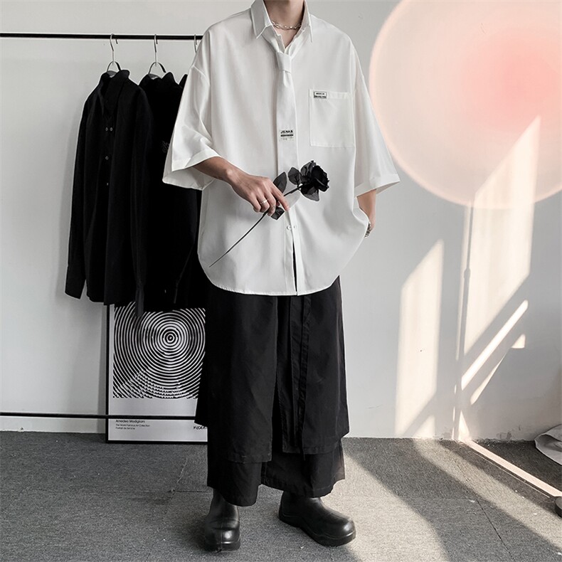 衬衫男五分袖宽松韩版免烫衬衣ins痞帅百搭休闲夏CS99-P35送领带,男装衬衫,星座1008-1