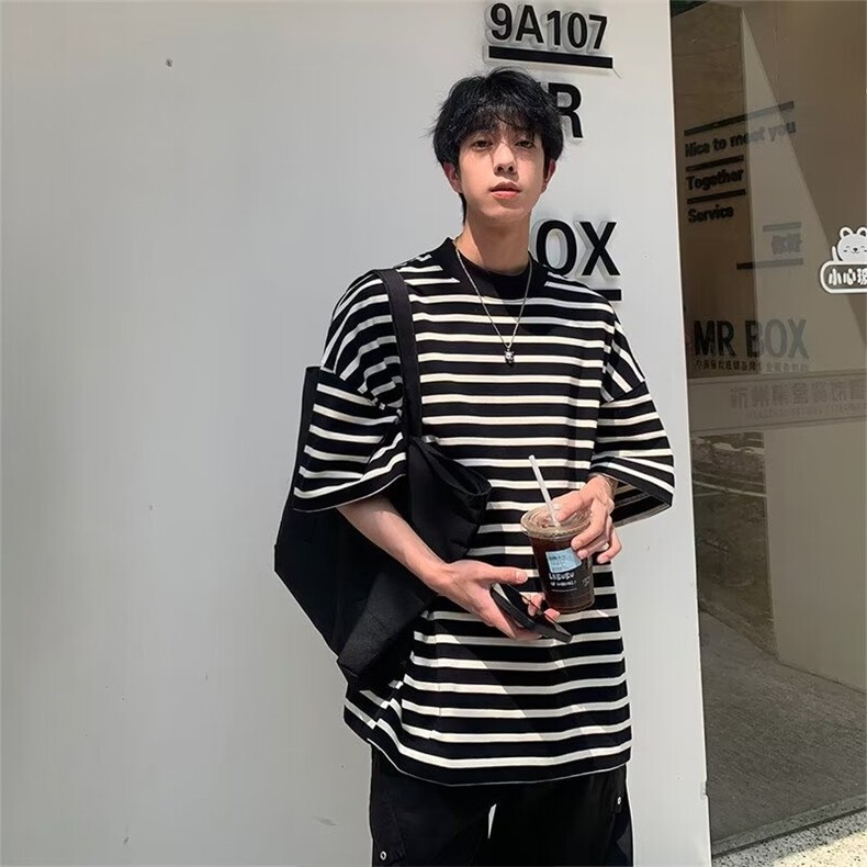 夏季新款短袖小众韩版横条纹T恤-T802-网络图图片