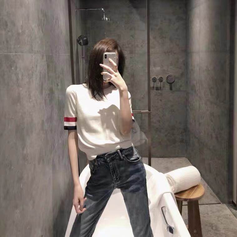 夏季圆领纯棉针织TB短袖女拼色三杠条纹T恤宽松显瘦套头半袖薄,针织衫/毛衣,恩泰羊绒
