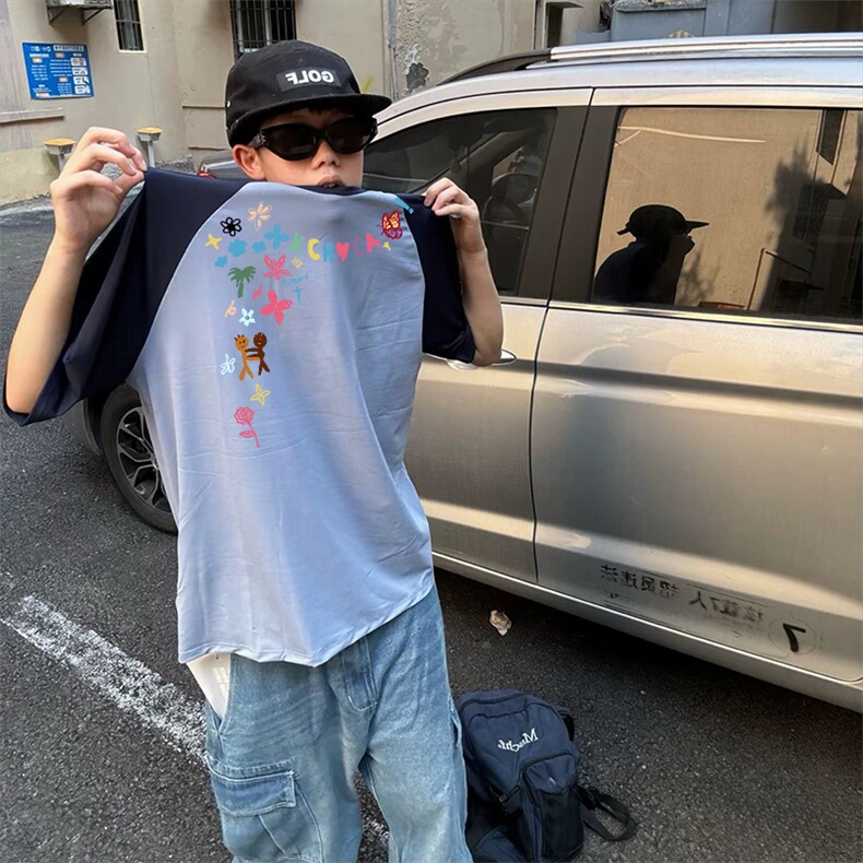 抖音得物高品质二开240克宽松纯棉美式潮牌插肩袖拼接短袖T恤,男装T恤,电商A486
