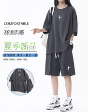夏季速干短袖女透气吸汗弹力冰丝t恤短裤一套搭配TZ52-特批70，男装休闲套装，星座718