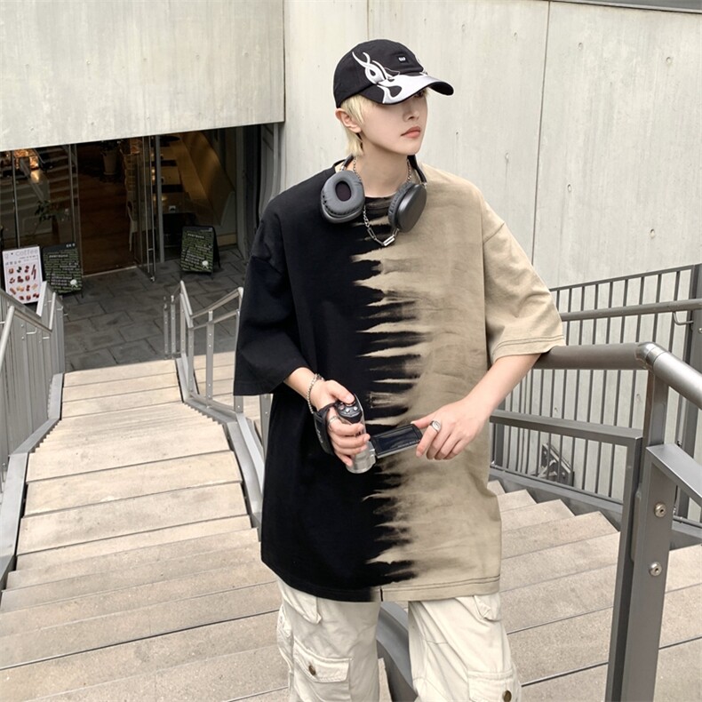 XZ213-T130-P45控58港风大码纯棉撞色oversize渐变圆领短袖T恤,男装T恤,星座213