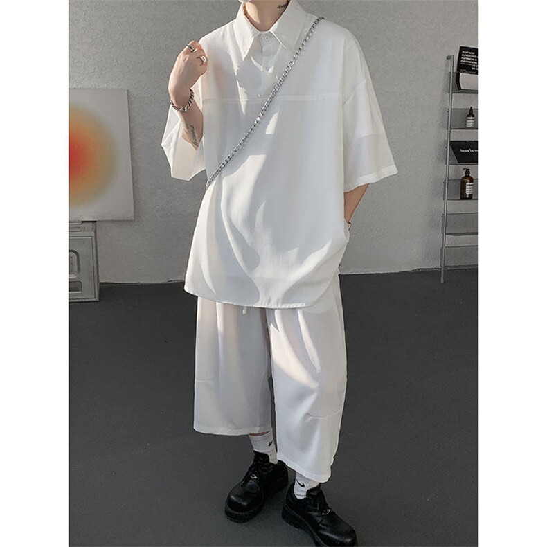 TZ778-特P55控98夏季冰丝七分裤短袖衬衫大码T恤套装,男装牛仔裤,电商A059