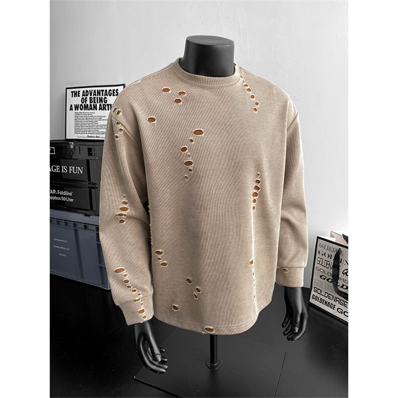 美式破洞长袖圆领卫衣休闲宽松日常基础款男W4676-P48【特价】，男装卫衣，电商A007