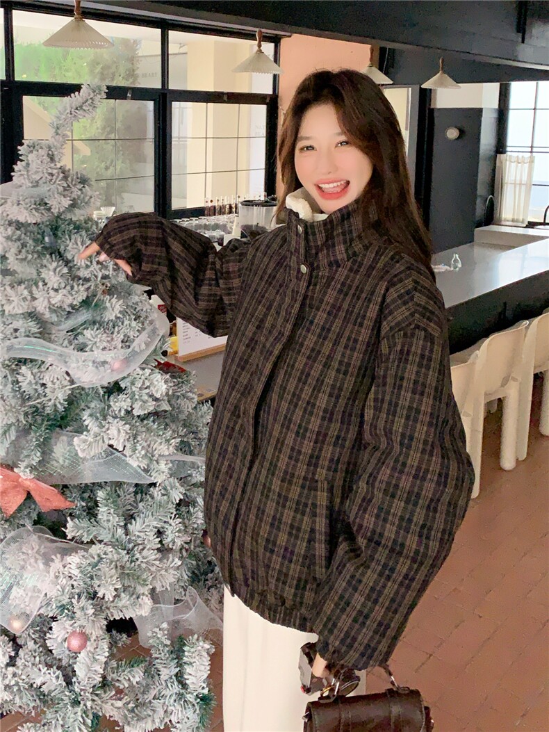 复古格子羊羔毛翻领羽绒服女2025冬季短款加厚面包服宽松保暖外套,女装羽绒服,艾米莉亚