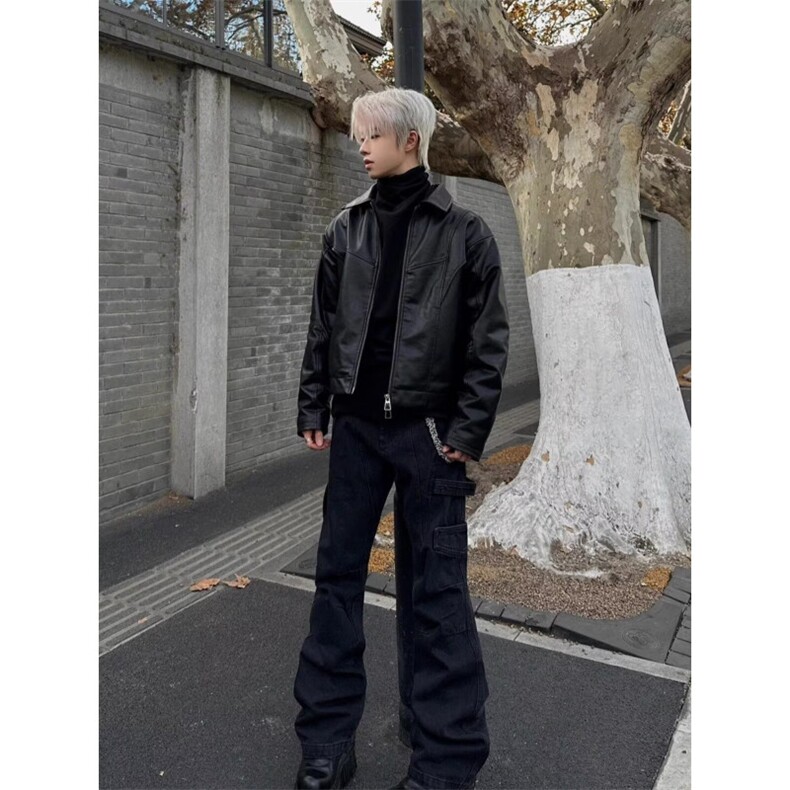 网图~抖音质量座山雕短款机车夹克PU皮衣外套W1377/P95,男装皮衣,电商B350