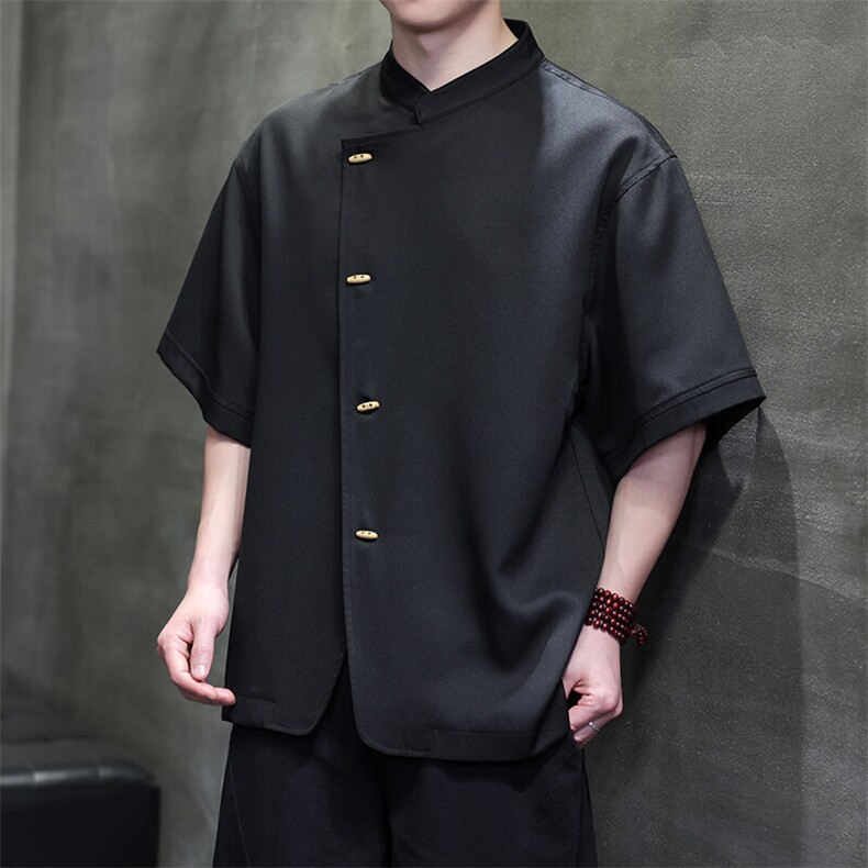 新中式男士大码立领木头扣斜门襟短袖高级感上衣T2522-P60控89,男装T恤,电商A021