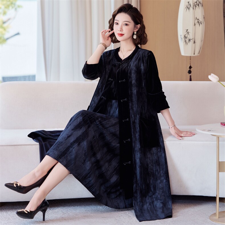 2024秋季新款大码复古国风盘扣长款轻奢新中式连衣裙两件套长裙女,女装套装/套裙,缘衣格