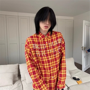 网图现货 美式宽松复古珍珠长袖格子衬衫C3730/P50图片