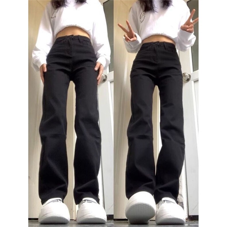 黑色窄版直筒牛仔裤女高腰修身弹力显瘦显高百搭加长烟管堆堆裤子图片