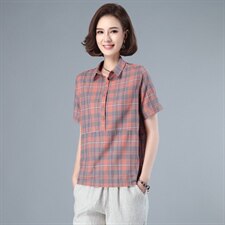 纯棉格子衬衫女2021夏装新款韩版通勤拼接全棉衬衣休闲小衫，女装衬衫，伊满意