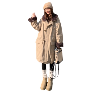 卡其色工装连帽圈圈毛拼接羽绒服女2025年冬季新款90绒长款派克服图片