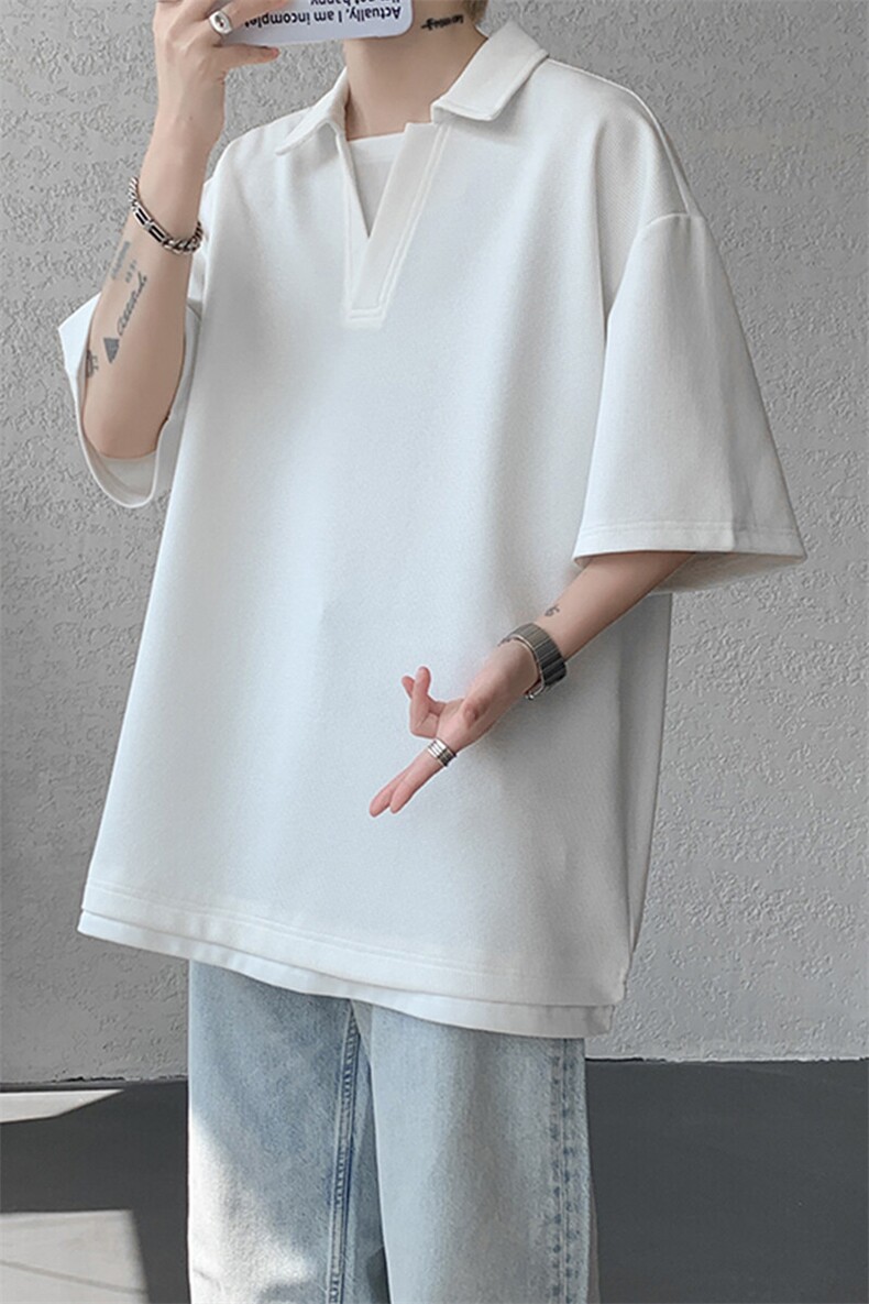 8XL-M假两件V领短袖t恤男夏翻领半袖宽松重磅华夫格大码DT001P40,男装T恤,电商B312