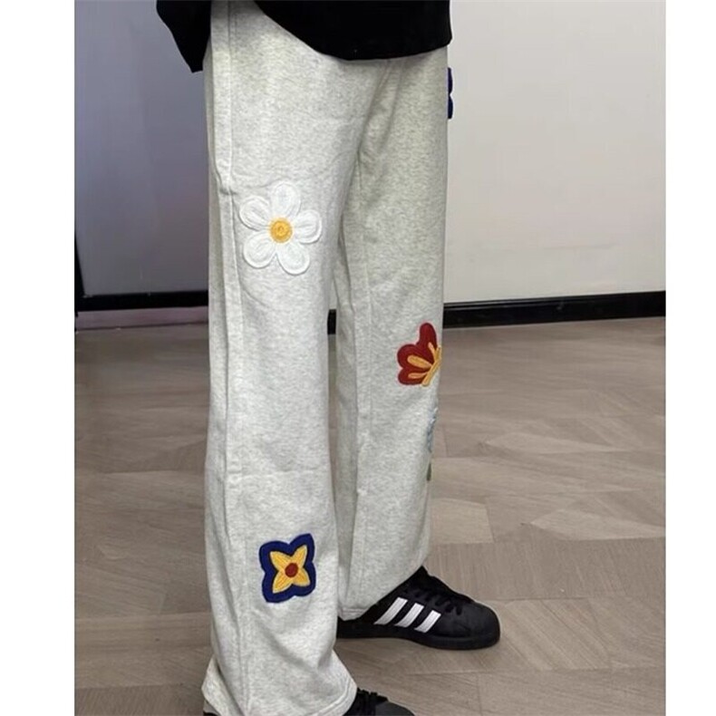 设计感花卉刺绣重磅卫裤男款春秋美式复古垂感直筒宽松休闲运动裤图片