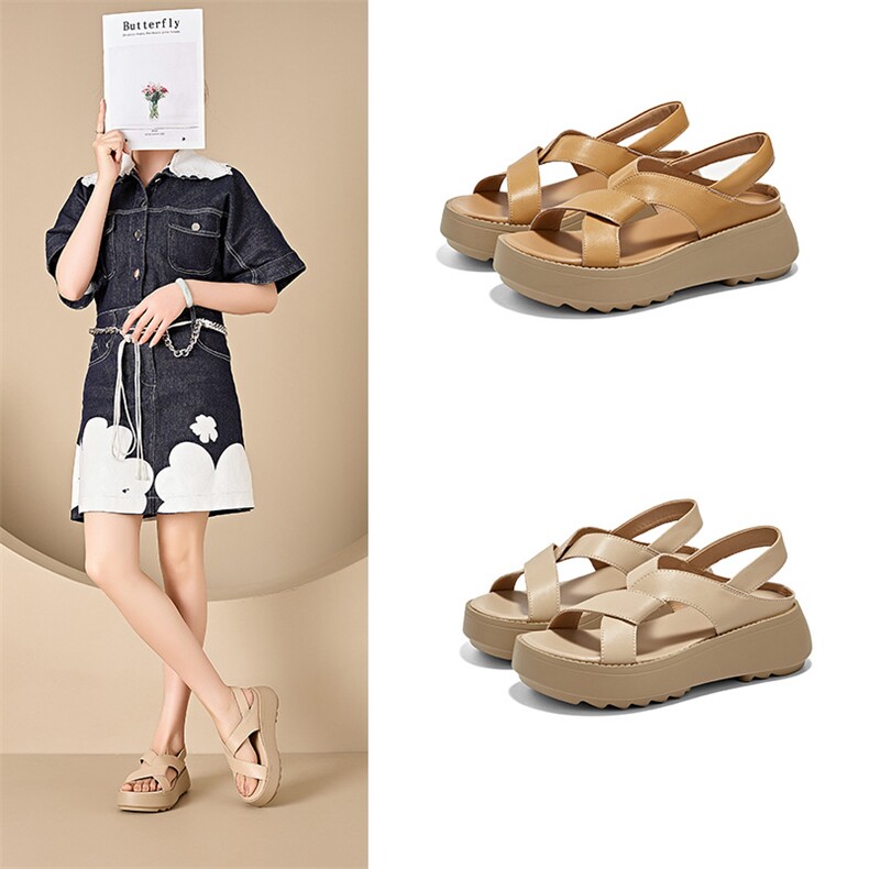 2024夏季真皮凉鞋女韩版厚底增高套脚女鞋两穿休闲罗马凉鞋女，女鞋凉鞋，电商A223