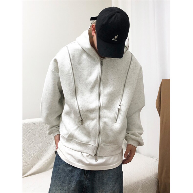 美式复古解构多拉链连帽开衫卫衣男女秋冬季重磅廓形cleanfit外套,女装短外套,四季星座505