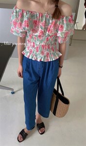 夏季新款牛津收腰显瘦花上衣一字肩荷叶边图片