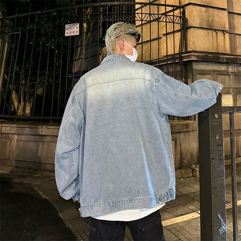 秋冬大码渐变水洗垫肩拉链美式夹克外套男设计感牛仔衣2192/P70,男装工装外套,星座506