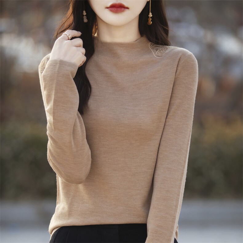 高级感超细精纺羊毛打底衫女镂空肩花半高领针织衫春秋款长袖毛衣,女装羊毛衫,戎美山