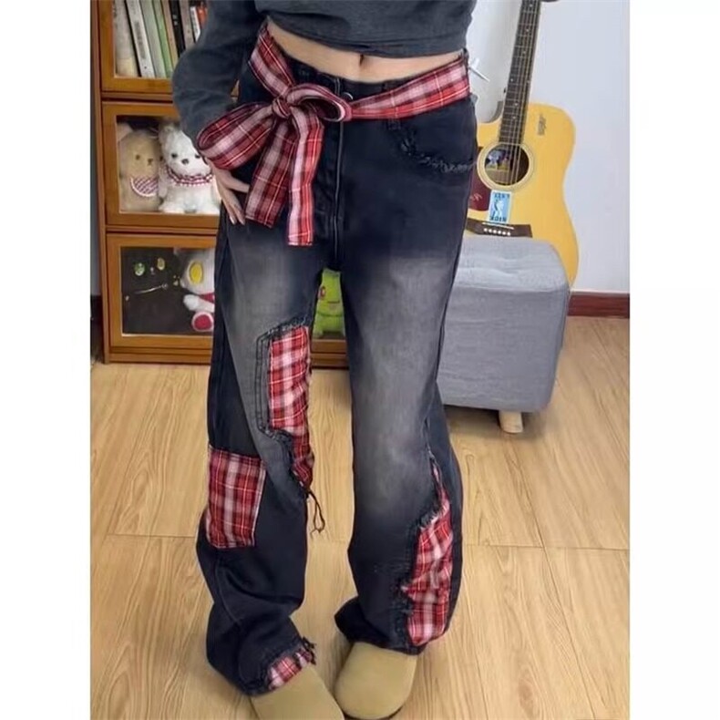 美式蝴蝶结绑带牛仔裤男女款拼接格子补丁小众设计感直筒阔腿裤子,男装牛仔裤,星座601-2