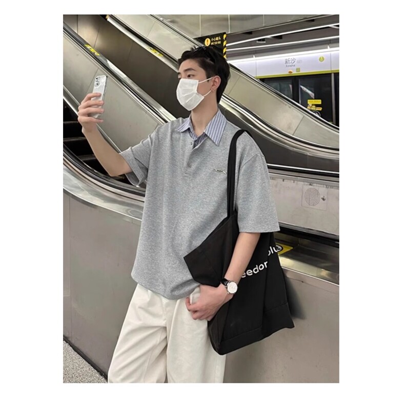 韩版时尚假两件短袖男士暖男穿搭小众氛围感T恤上衣翻领POLO衫潮,男装T恤,星座516A