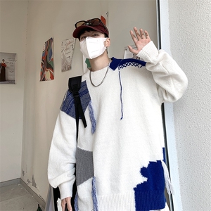 现货 秋冬季慵懒针织衫oversize上衣破坏感拼色毛衣男 M924-P50图片