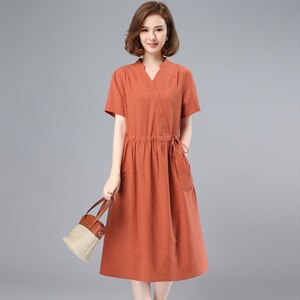 纯棉连衣裙女2023夏装新款中长款收腰显瘦V领妈妈洋气气质a字裙子图片
