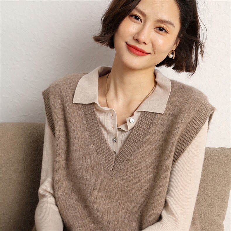 无袖针织衫女春秋新款时尚V领显瘦背心外搭叠马甲,女装马甲,五色羊羊绒