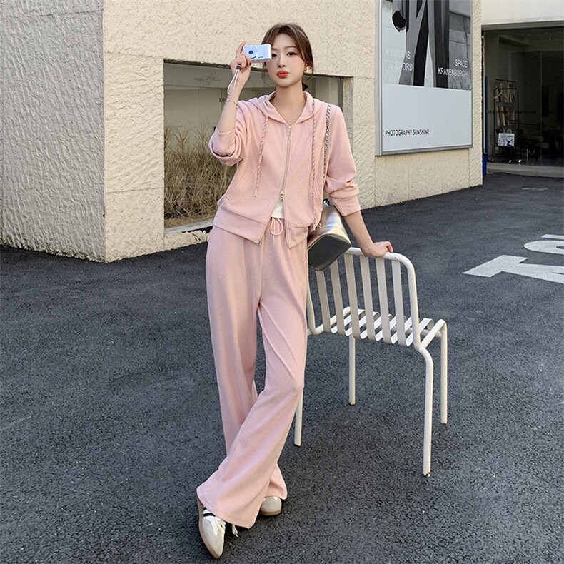 粉色慵懒风连帽休闲卫衣套装女春季2025年新款减龄阔腿长裤两件套,女装套装/套裙,蝶眷
