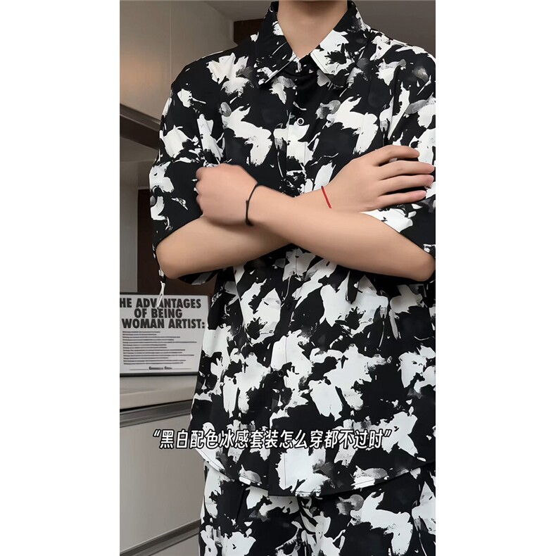 泼墨扎染短裤男短袖衬衫男套装男M-5XL大码TZ78715P50控98模特图,男装牛仔裤,星座226-1