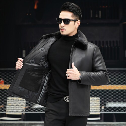 J8068T新款海宁男式绵羊皮皮衣男兔毛内胆翻领皮克服P990图片