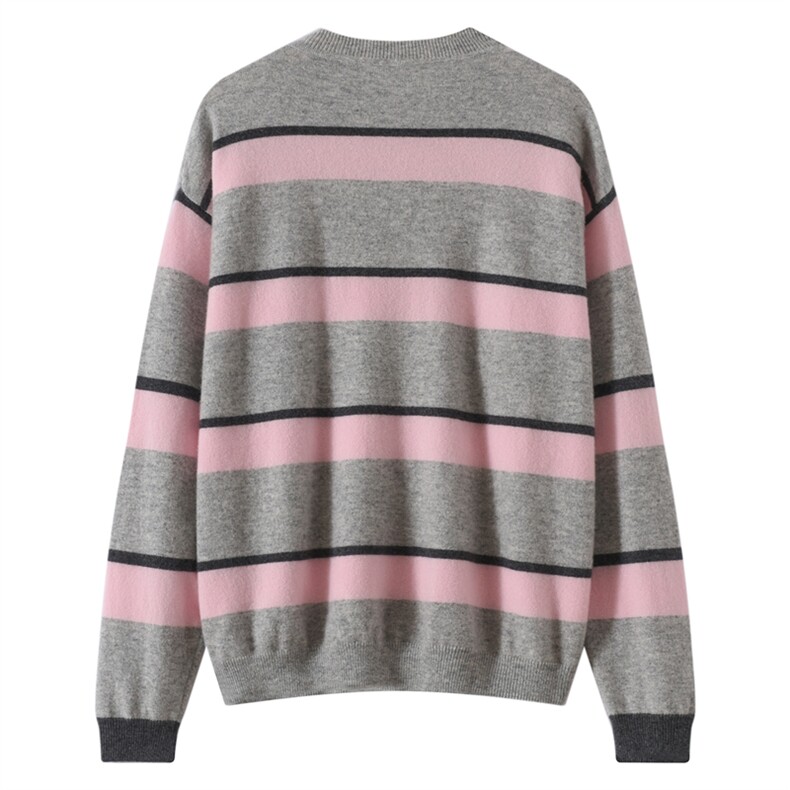 休闲减龄~宽松慵懒风条纹100纯山羊绒衫女2025秋冬新圆领针织毛衣，女装羊绒衫，镁纯羊绒