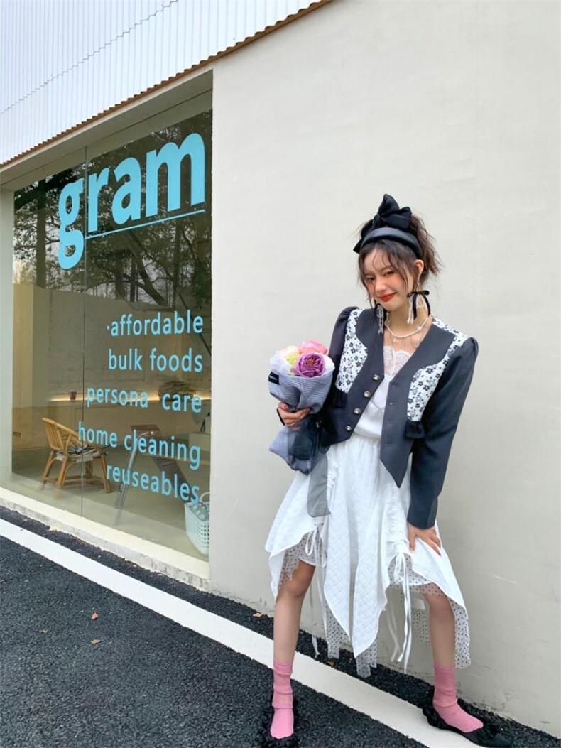 提花拼接灰色短款西装，女装西装，YOUER DENG