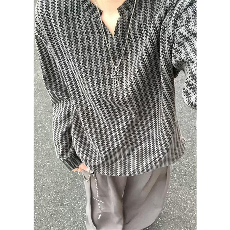 美式高街千鸟格子长袖T恤男女亨利V领英伦雅痞休闲宽松长袖打底衫,男装T恤,电商A443