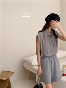 防晒套装女薄款欧洲站夏季2022新款欧货衬衫阔腿短裤两件,女装职业装,香丽迪1