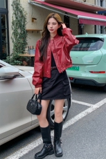 【现货】1C128-A08-秋新气质安可拉红皮衣短外套P150-K210，女装皮衣，先锋丽姿