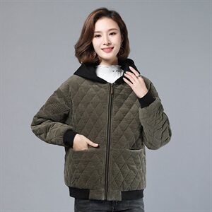 2025秋冬时尚女装连帽拼接灯芯绒外套显瘦保暖棉服图片