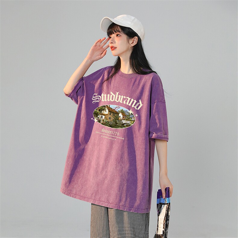 230G水洗做旧蜡染美式夏季短袖潮流印花T恤2024新款夏装女装,女装T恤,电商C306-1