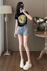 女夏季新款韩版运动休闲套装卡通印花圆领短袖宽松牛仔短裤两件套，女装套装/套裙，江南