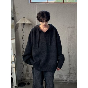 996-P55 男装黑色时尚套头连帽毛衣2025年秋季新款男士重磅高端图片