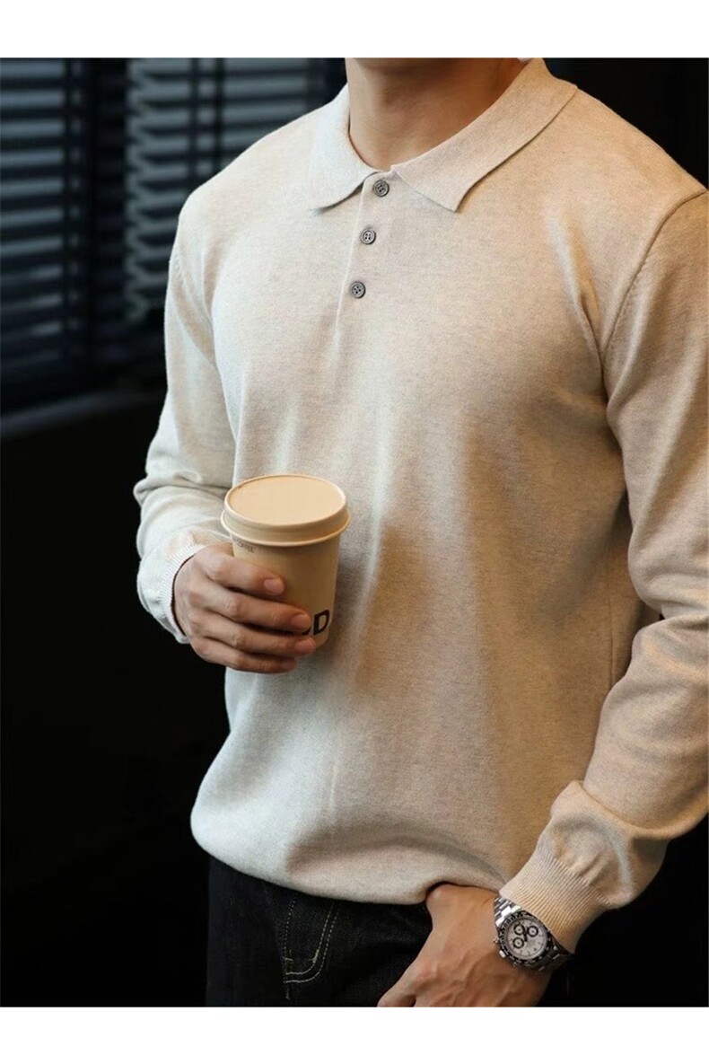 新贵老钱风慵懒垂感纯色复古翻领针织衫长袖POLO衫41081/P68，男装Polo衫，电商A243
