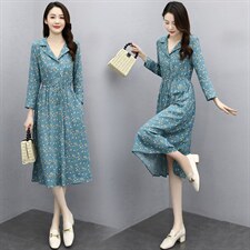 淑女长袖中长款A型套头中腰花色连衣裙2021年春季，女装连衣裙，香水丽阁