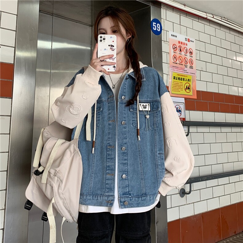 A110-P88秋款学院风拼接个性化假两件牛仔外套男女小熊袖,男装工装外套,星座911