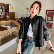 皮衣拉链春秋休闲风做旧休闲短款通用立领宽松型显瘦小个子时尚，女装皮衣，欣美人